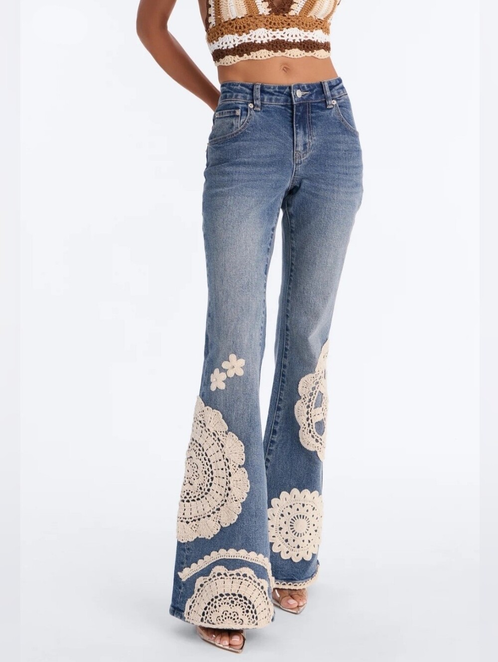 Blue Denim Flared Jeans with Crochet Appliqué